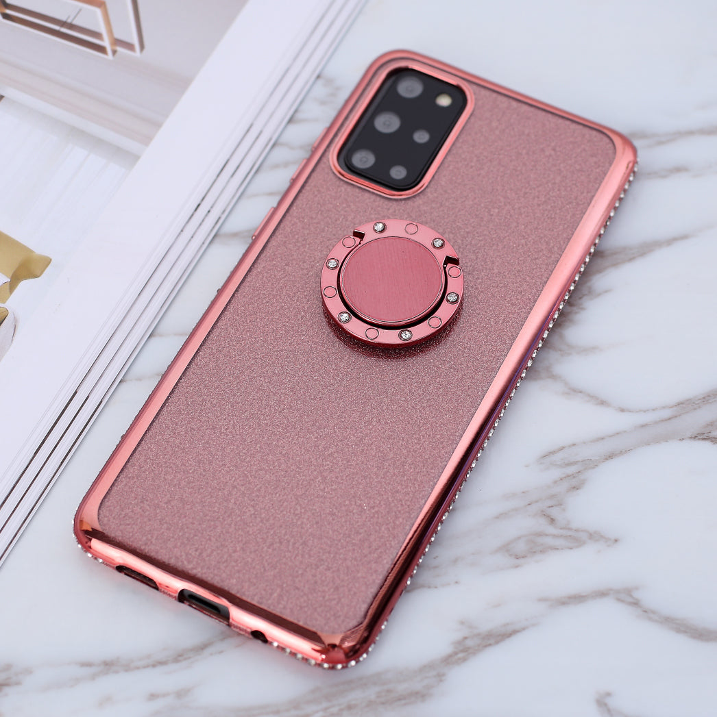 Glittery Powder Electroplating TPU Shell with Metal Kickstand for Samsung Galaxy S20 Plus - Rose Gold