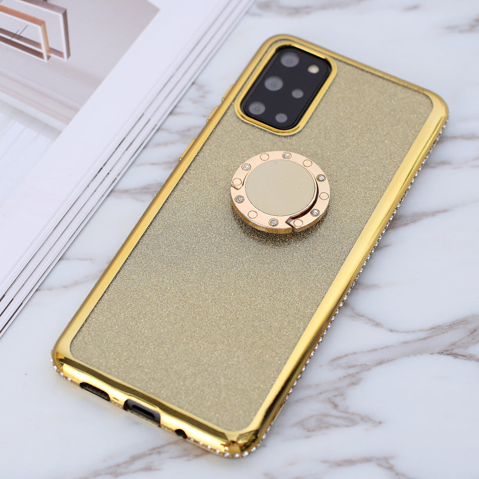 Glittery Powder Electroplating TPU Shell with Metal Kickstand for Samsung Galaxy S20 Plus - Gold