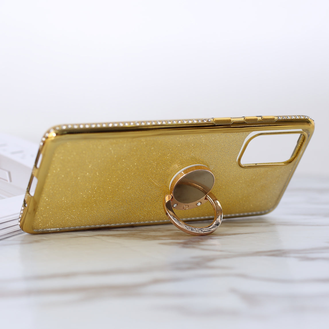 Glittery Powder Electroplating TPU Shell with Metal Kickstand for Samsung Galaxy S20 Plus - Gold