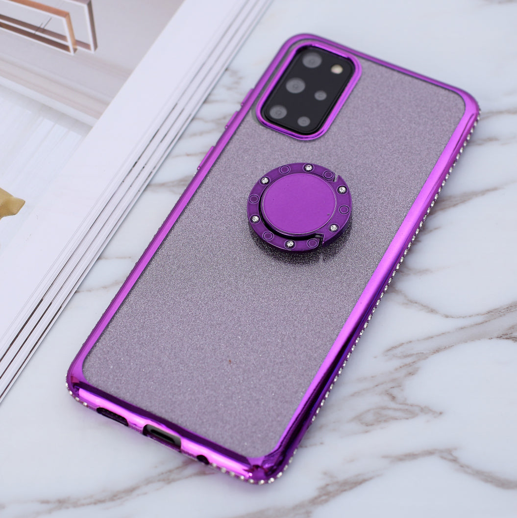 Glittery Powder Electroplating TPU Shell with Metal Kickstand for Samsung Galaxy S20 Plus - Purple