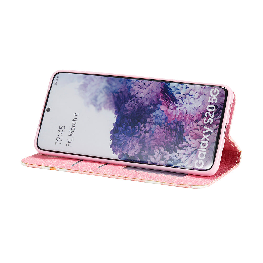 Daisy Skin Flash Powder Leather with Card Holder Case for Samsung Galaxy S20 4G/S20 5G - Pink
