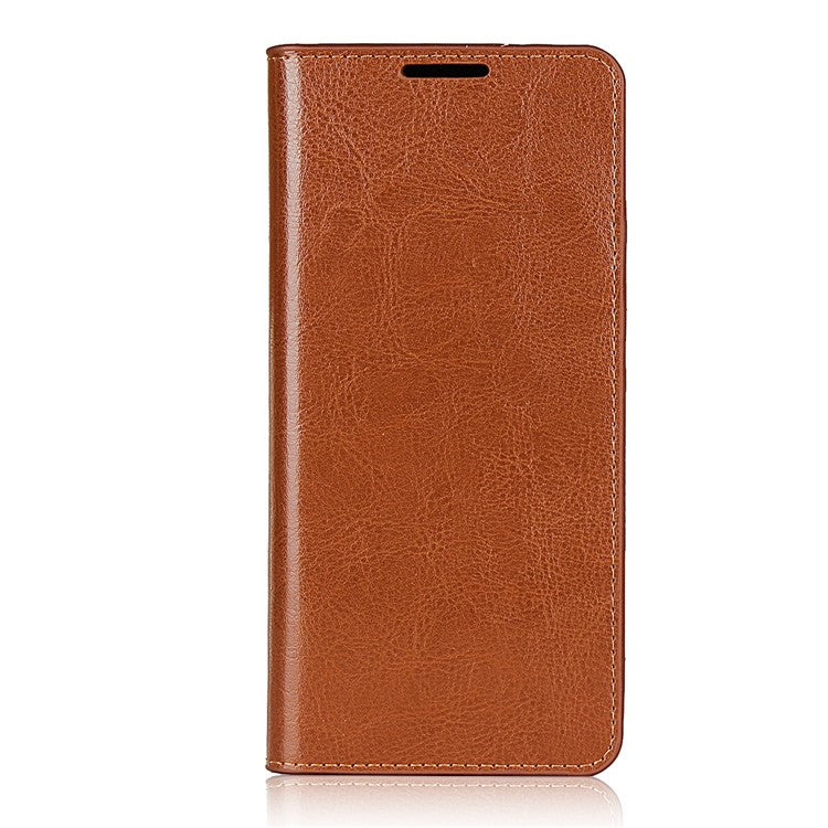 Crazy Horse Wallet Stand Genuine Leather Case for Samsung Galaxy A31 - Brown