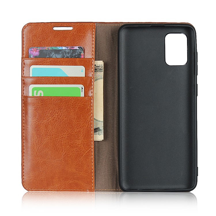 Crazy Horse Wallet Stand Genuine Leather Case for Samsung Galaxy A31 - Brown