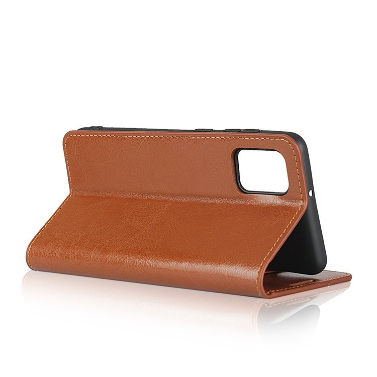 Crazy Horse Wallet Stand Genuine Leather Case for Samsung Galaxy A31 - Brown