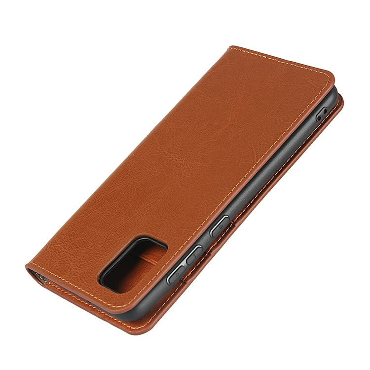 Crazy Horse Wallet Stand Genuine Leather Case for Samsung Galaxy A31 - Brown