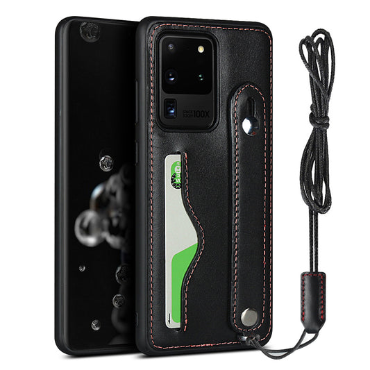 Genuine Leather Coated TPU Case with Handy Strap Card Slot Lanyard for Samsung Galaxy S20 Ultra - Black