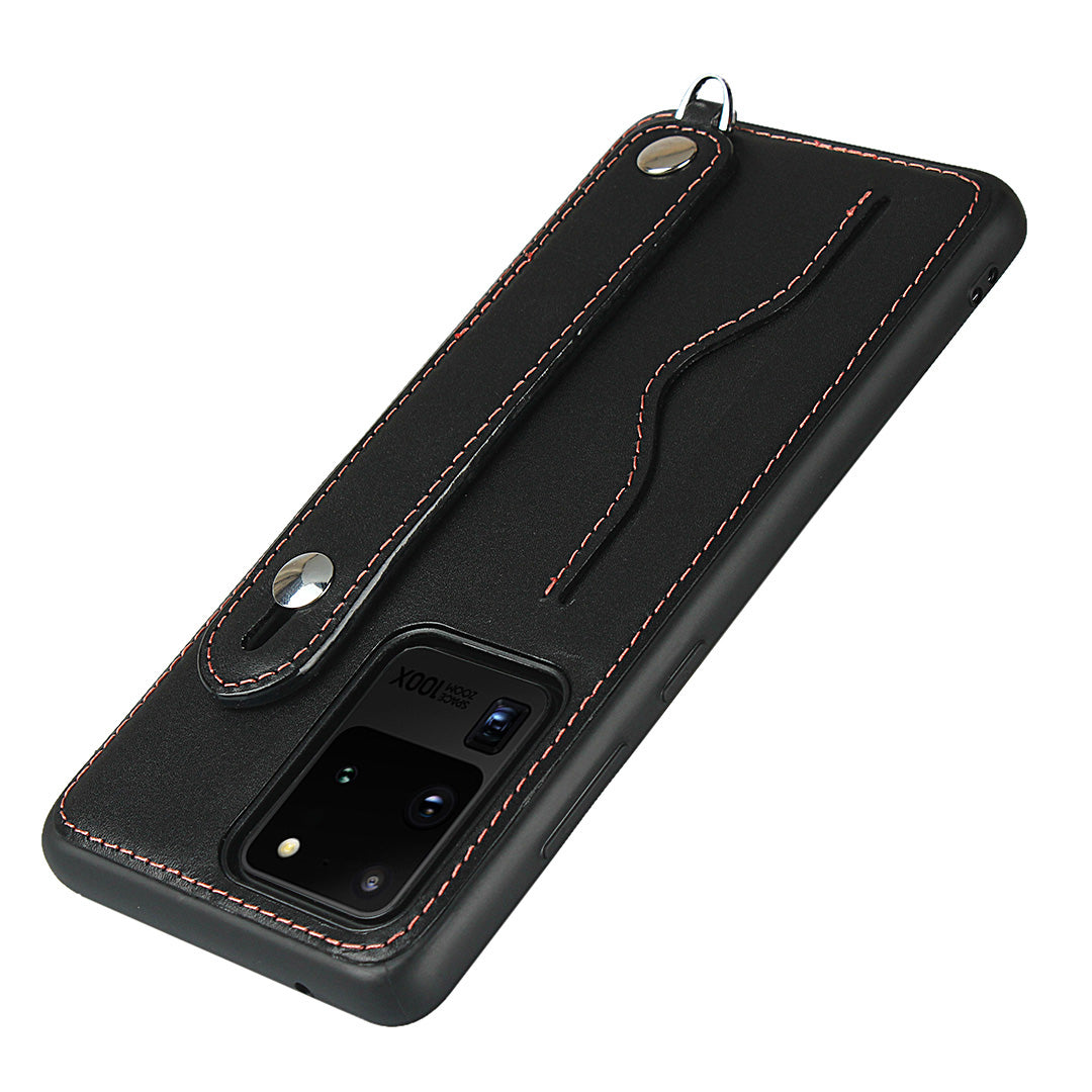 Genuine Leather Coated TPU Case with Handy Strap Card Slot Lanyard for Samsung Galaxy S20 Ultra - Black