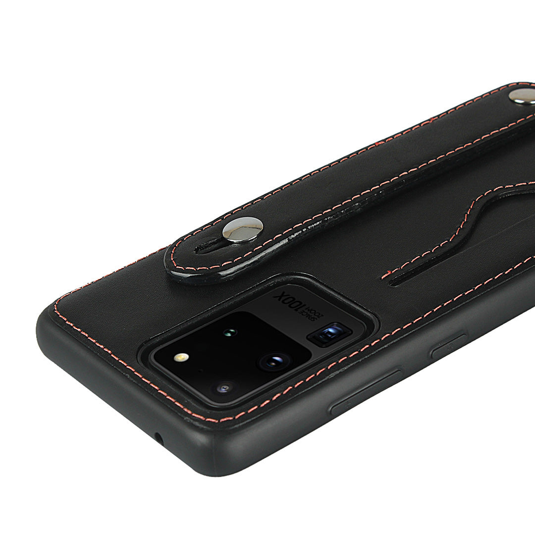 Genuine Leather Coated TPU Case with Handy Strap Card Slot Lanyard for Samsung Galaxy S20 Ultra - Black