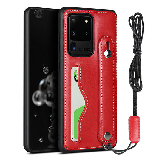 Genuine Leather Coated TPU Case with Handy Strap Card Slot Lanyard for Samsung Galaxy S20 Ultra - Red