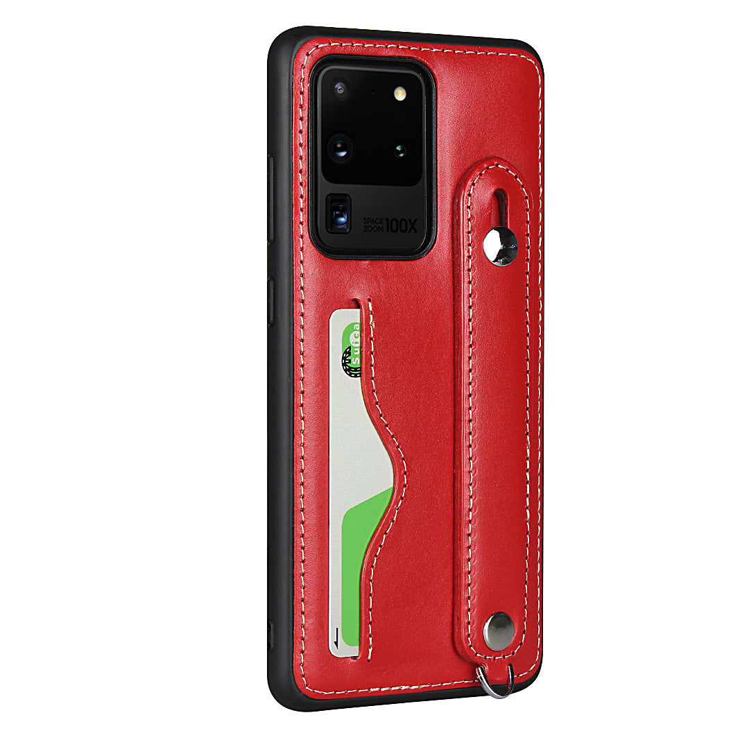 Genuine Leather Coated TPU Case with Handy Strap Card Slot Lanyard for Samsung Galaxy S20 Ultra - Red