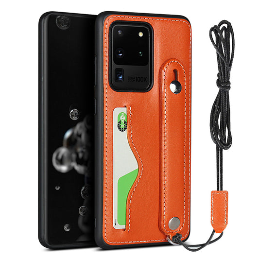Genuine Leather Coated TPU Case with Handy Strap Card Slot Lanyard for Samsung Galaxy S20 Ultra - Orange