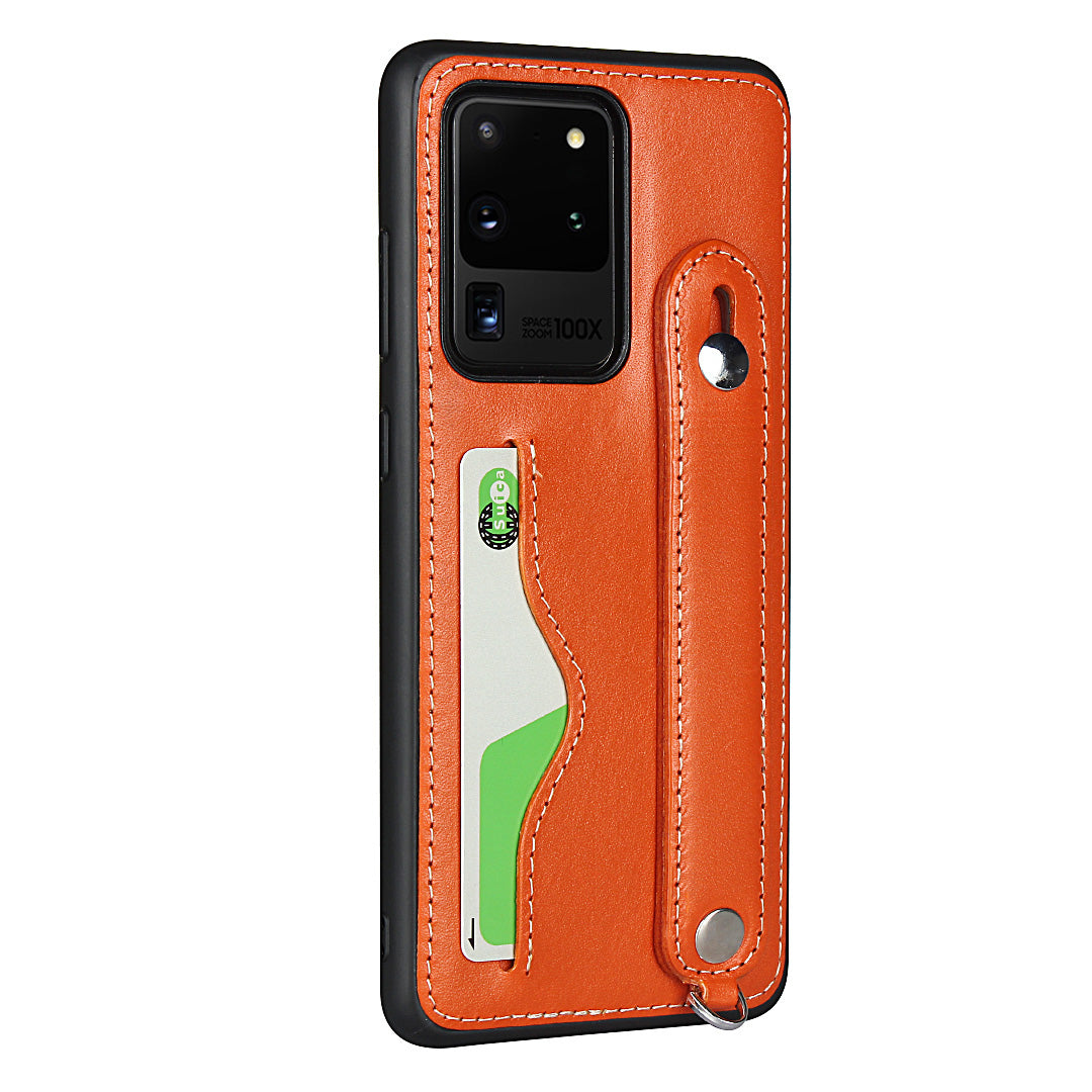 Genuine Leather Coated TPU Case with Handy Strap Card Slot Lanyard for Samsung Galaxy S20 Ultra - Orange