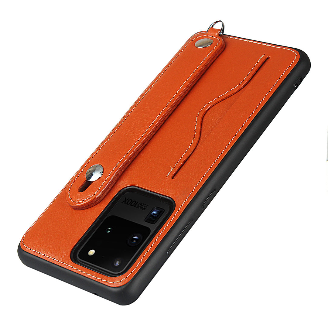 Genuine Leather Coated TPU Case with Handy Strap Card Slot Lanyard for Samsung Galaxy S20 Ultra - Orange