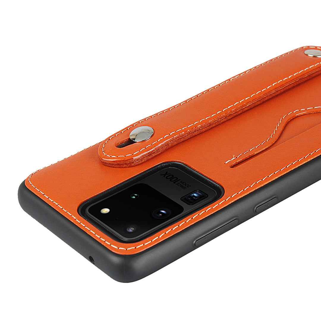 Genuine Leather Coated TPU Case with Handy Strap Card Slot Lanyard for Samsung Galaxy S20 Ultra - Orange