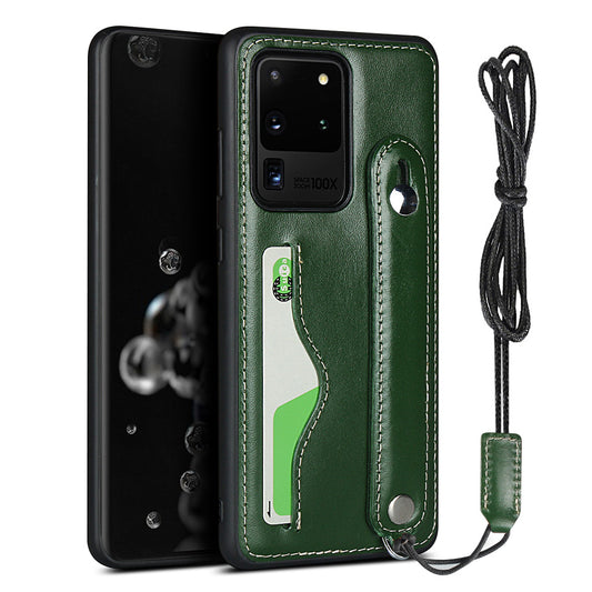 Genuine Leather Coated TPU Case with Handy Strap Card Slot Lanyard for Samsung Galaxy S20 Ultra - Green