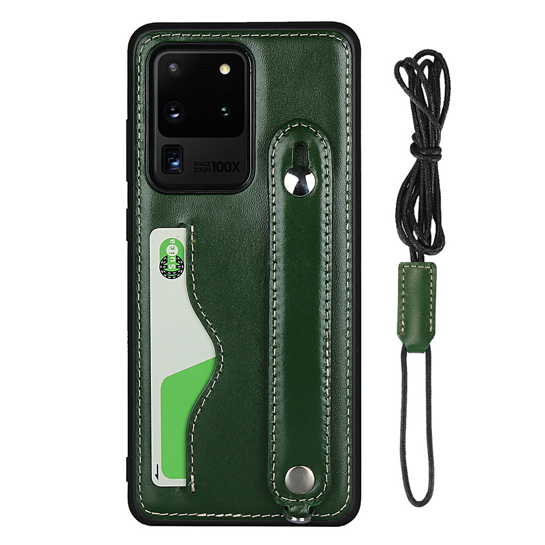 Genuine Leather Coated TPU Case with Handy Strap Card Slot Lanyard for Samsung Galaxy S20 Ultra - Green