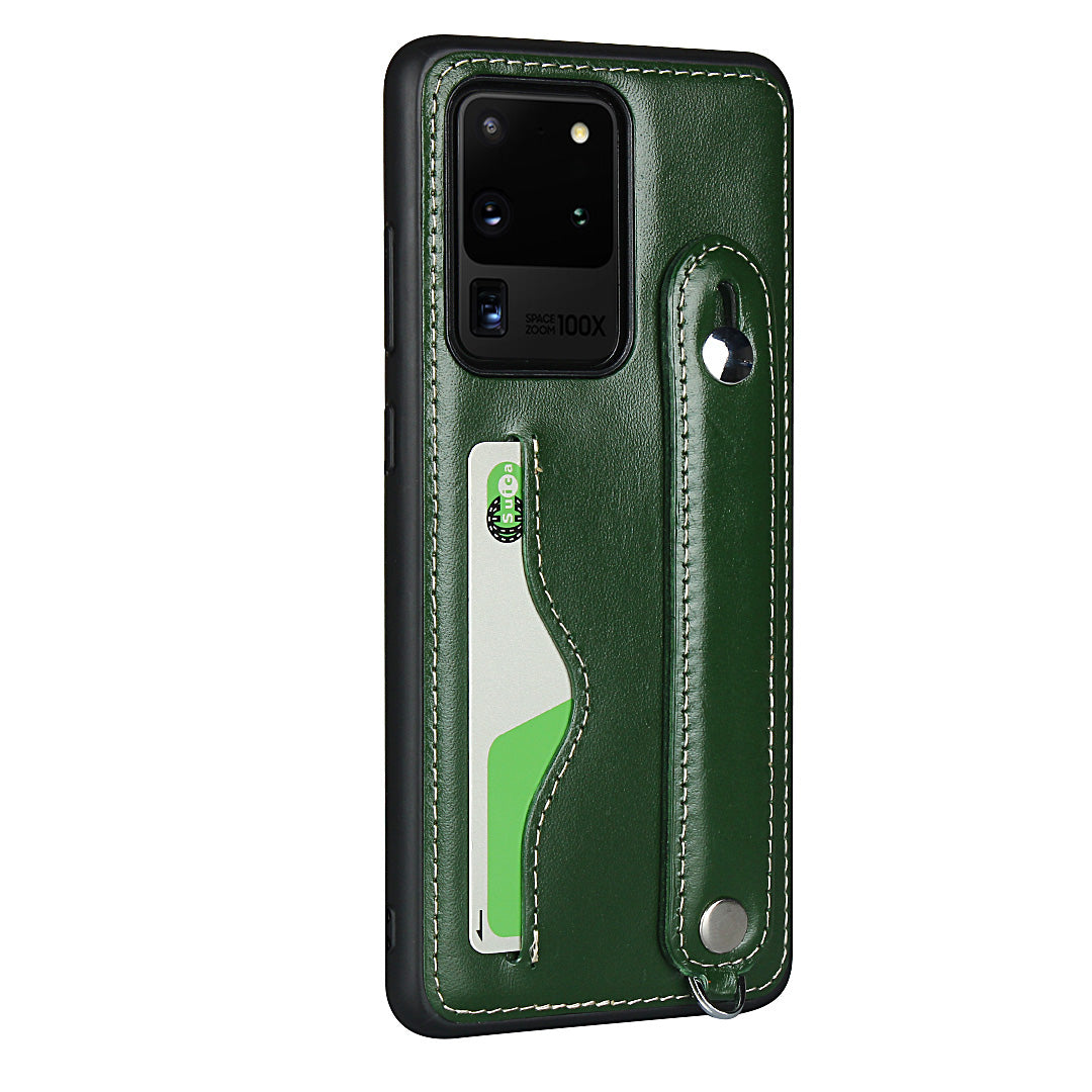 Genuine Leather Coated TPU Case with Handy Strap Card Slot Lanyard for Samsung Galaxy S20 Ultra - Green