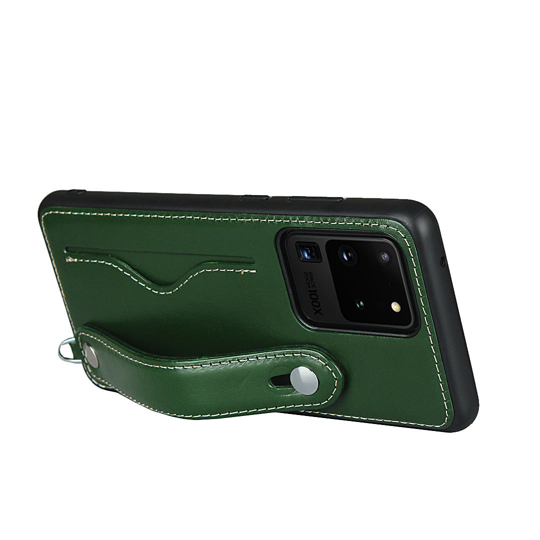Genuine Leather Coated TPU Case with Handy Strap Card Slot Lanyard for Samsung Galaxy S20 Ultra - Green