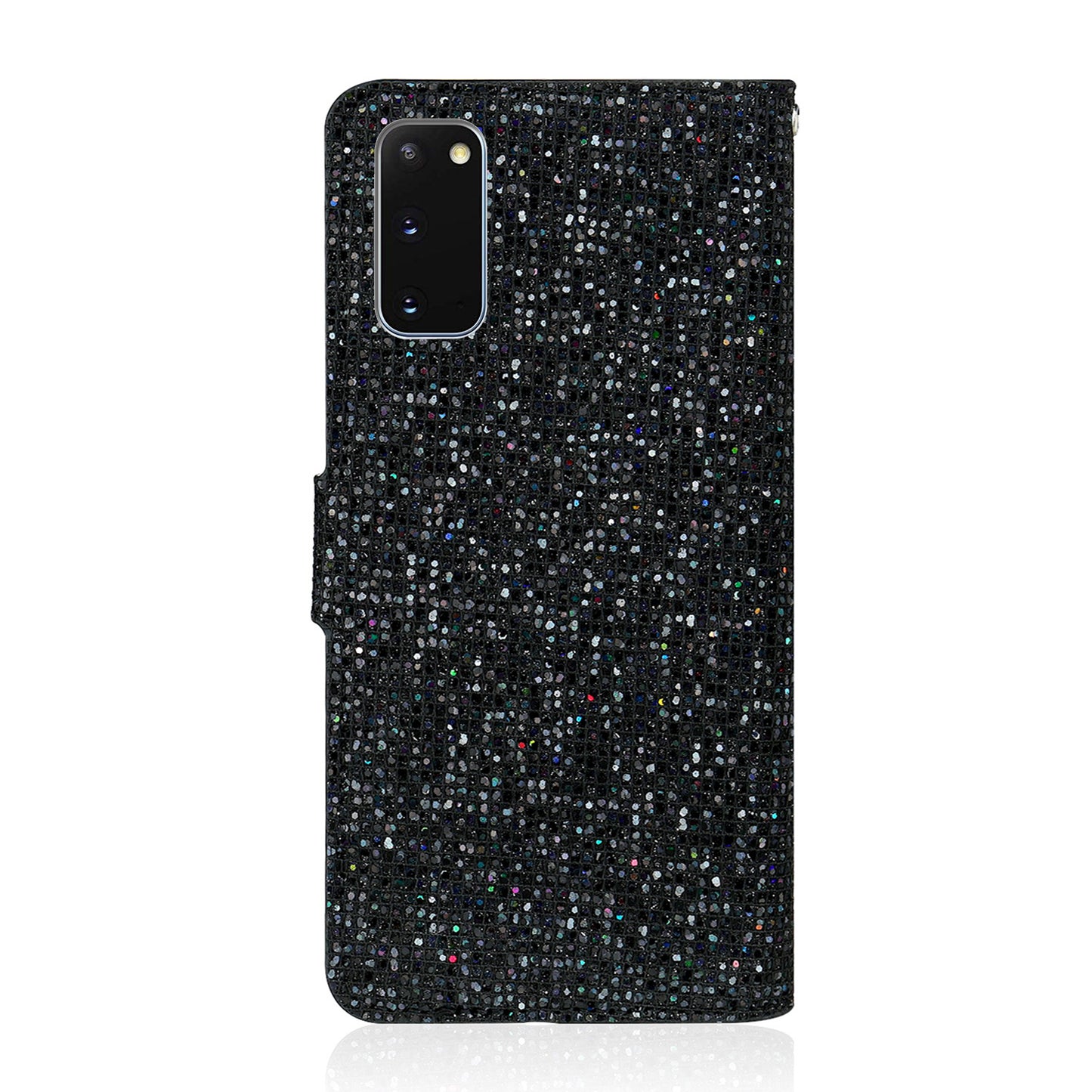 Glittery Powder Splicing Wallet Stand Leather Cover for Samsung Galaxy S20 4G/S20 5G - Black