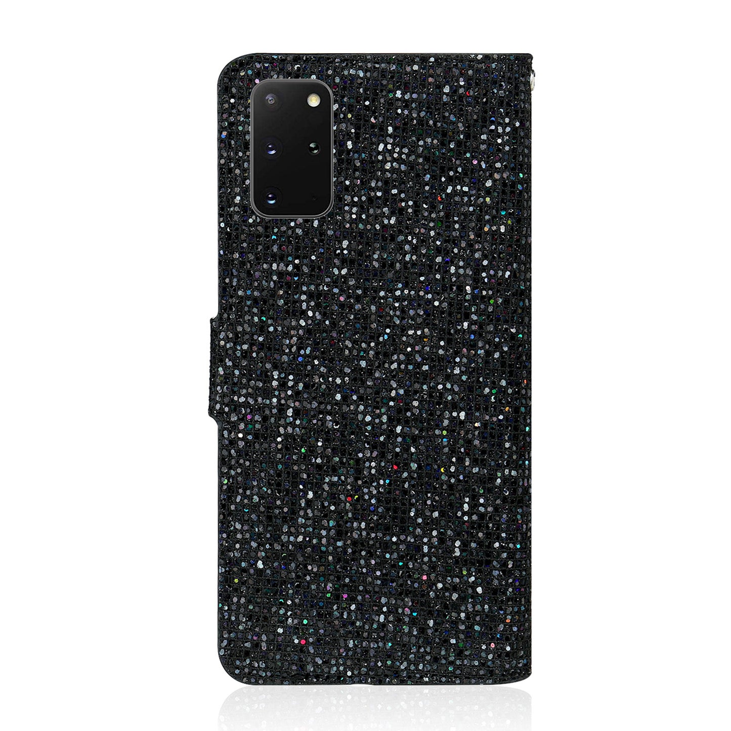 Glittery Powder Splicing Wallet Stand Leather Shell for Samsung Galaxy S20 Plus - Black