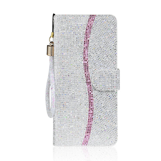 Glittery Powder Splicing Wallet Stand Leather Shell for Samsung Galaxy S20 Plus - Silver