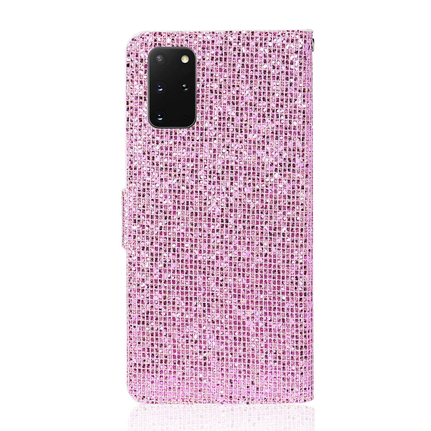 Glittery Powder Splicing Wallet Stand Leather Shell for Samsung Galaxy S20 Plus - Rose Gold