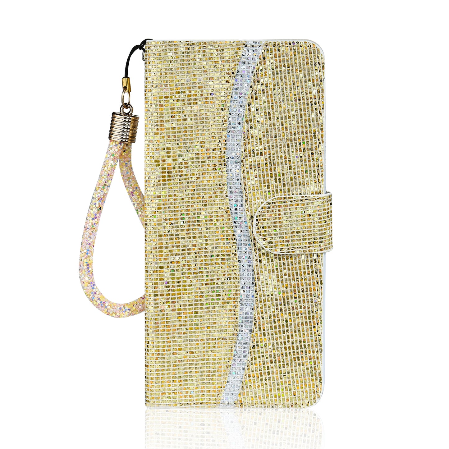 Glittery Powder Splicing Wallet Stand Leather Shell for Samsung Galaxy S20 Plus - Gold