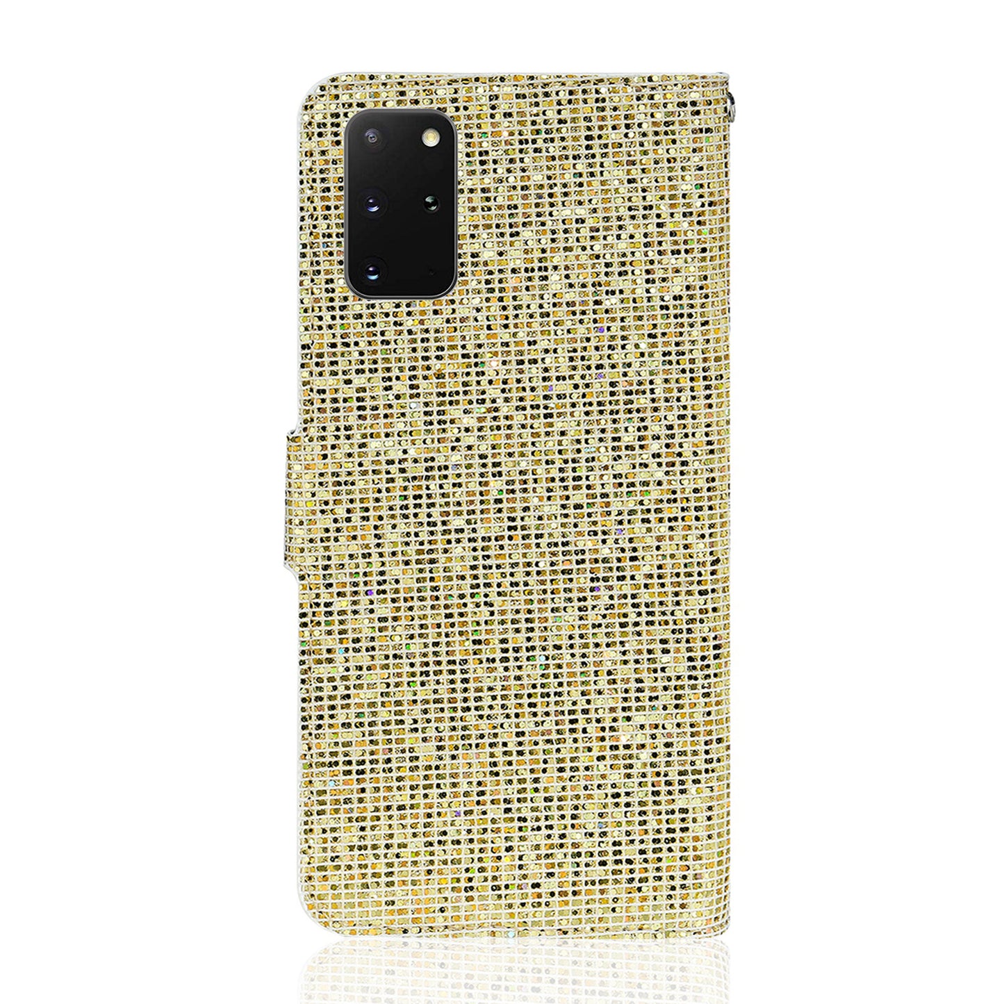Glittery Powder Splicing Wallet Stand Leather Shell for Samsung Galaxy S20 Plus - Gold
