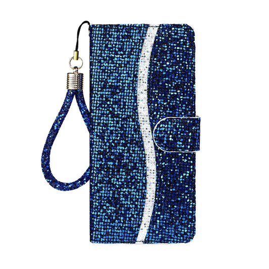 Glittery Powder Splicing Wallet Stand Leather Shell for Samsung Galaxy S20 Plus - Blue