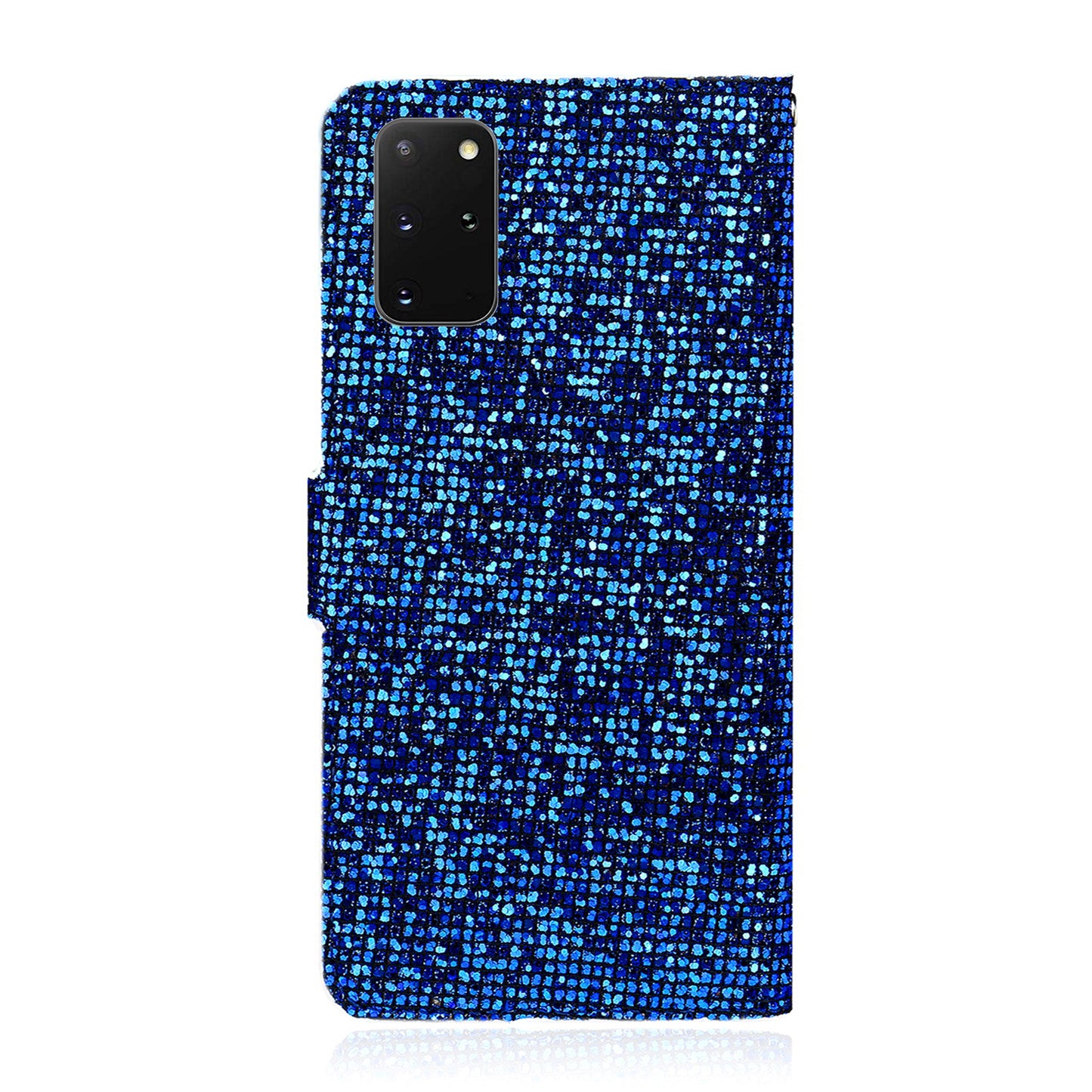 Glittery Powder Splicing Wallet Stand Leather Shell for Samsung Galaxy S20 Plus - Blue