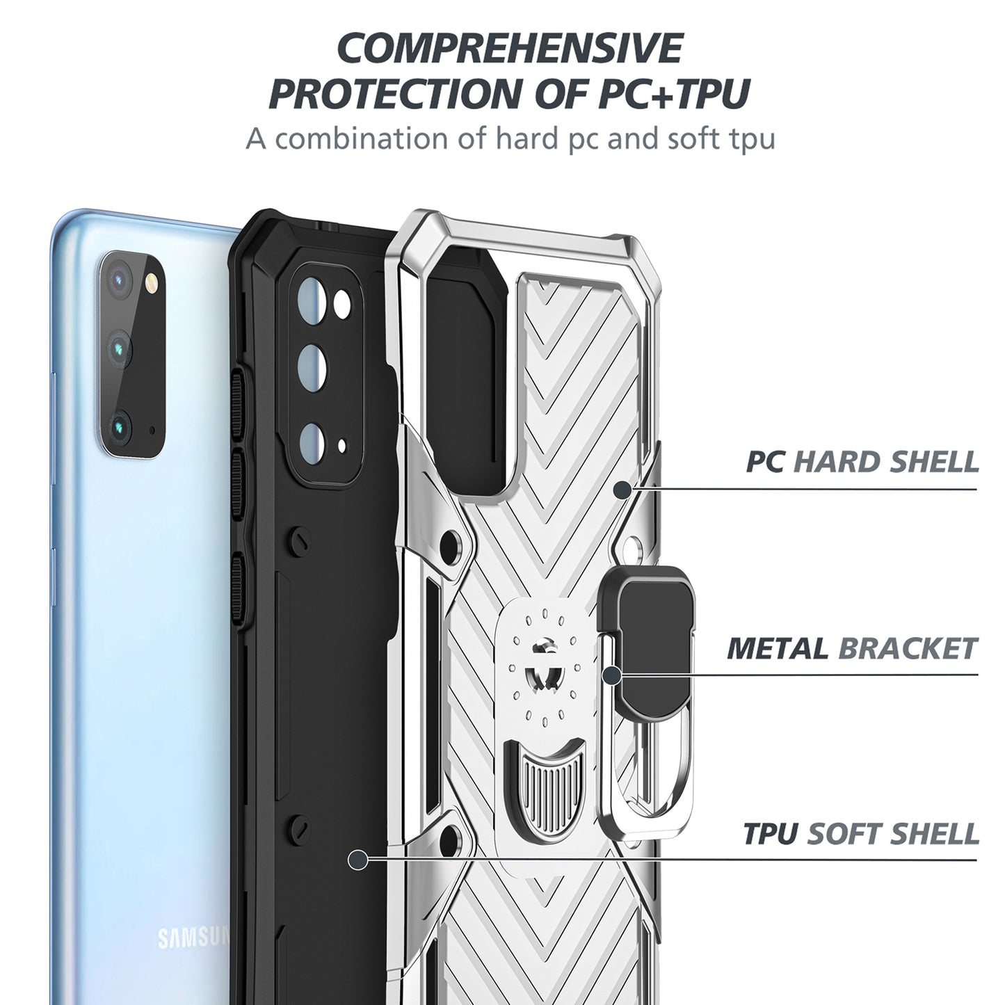 Rotatable Finger Ring Kickstand PC + TPU Hybrid Back Case for Samsung Galaxy S20 4G/S20 5G - Silver