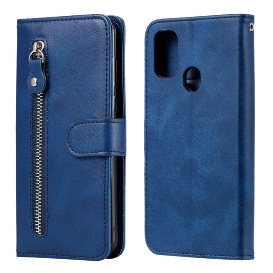 Zipper Pocket Leather Wallet Stand Case for Samsung Galaxy M21 / M30s - Blue