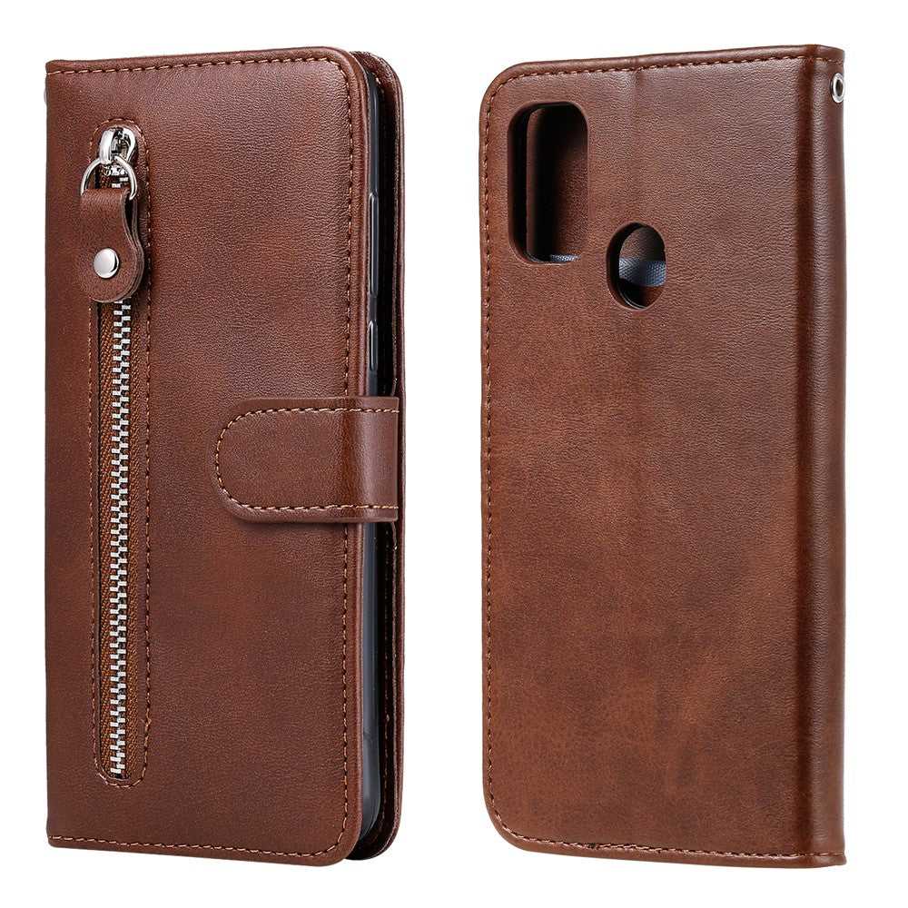 Zipper Pocket Leather Wallet Stand Case for Samsung Galaxy M21 / M30s - Brown