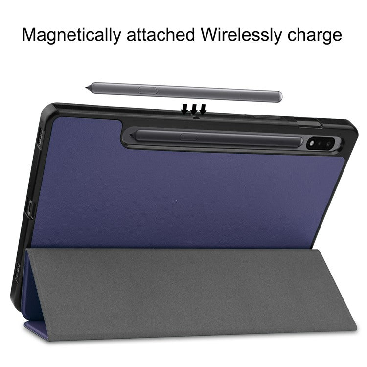 Stable Tri-fold Stand Leather Stand Case with Pen Slot for Samsung Galaxy Tab S7 T870 / S8 - Dark Blue
