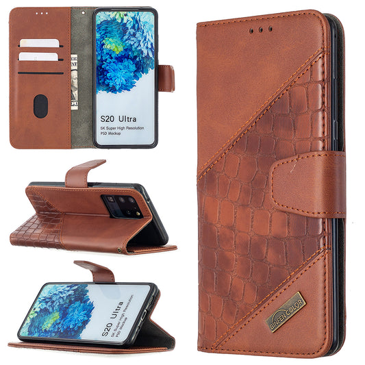 Crocodile Skin Assorted Color Style Leather Wallet Case for Samsung Galaxy S20 Ultra - Brown