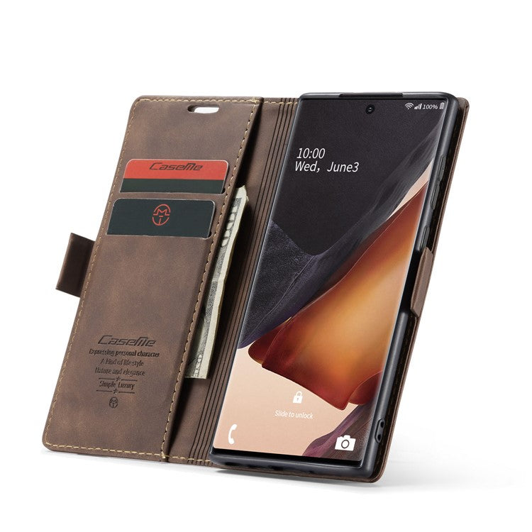 CASEME 013 Series Simplicity Auto-absorbed Leather Shell Wallet Case for Samsung Galaxy Note20/Note20 5G - Coffee
