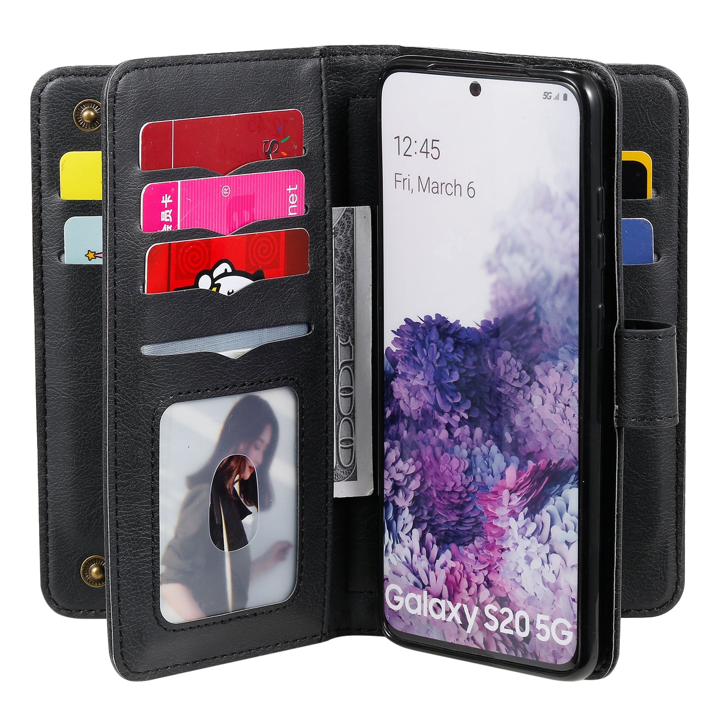KT Multi-functional Series-1 10 Card Slots Wallet TPU+PU Leather Case with Stand for Samsung Galaxy S20 4G/S20 5G - Black