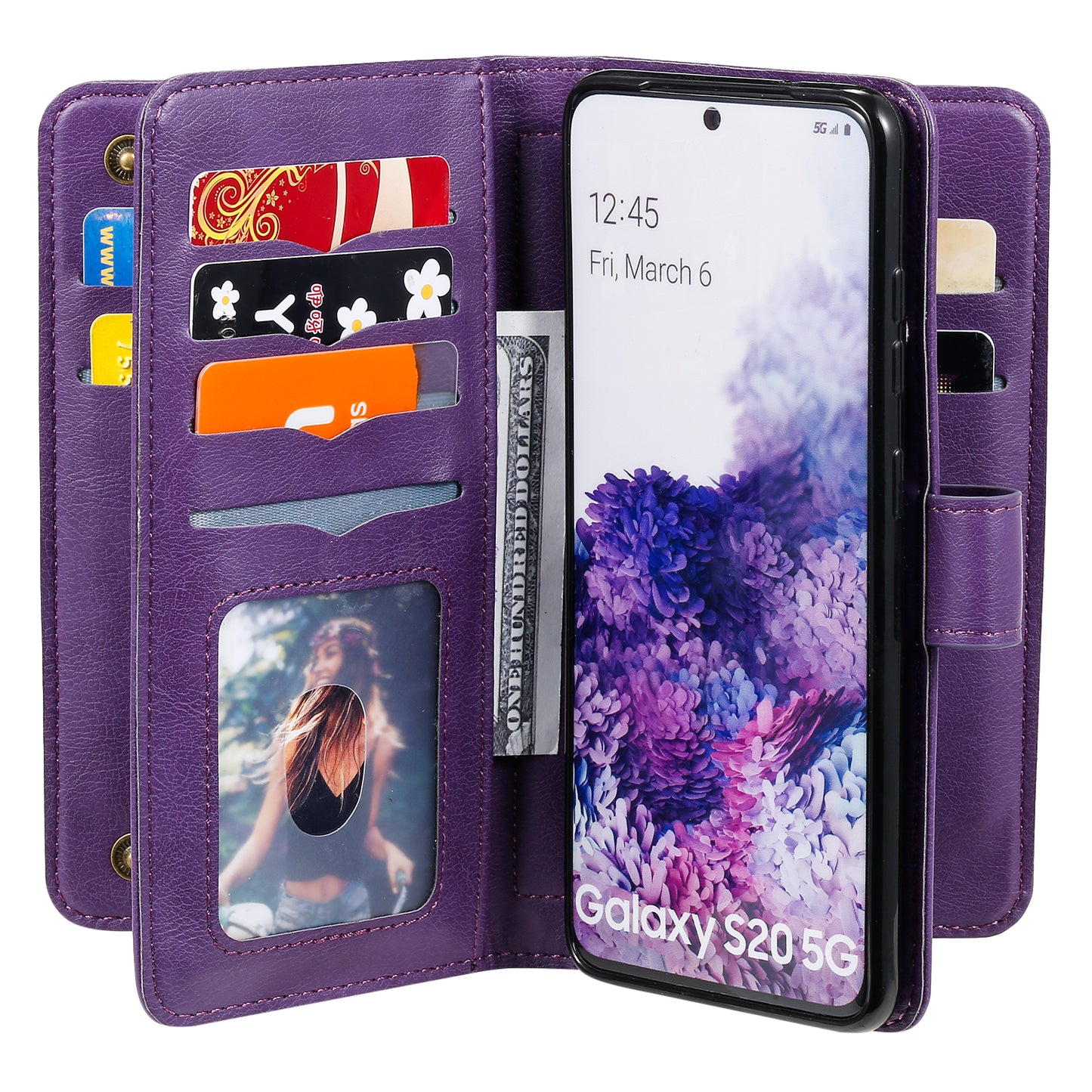 KT Multi-functional Series-1 10 Card Slots Wallet TPU+PU Leather Case with Stand for Samsung Galaxy S20 4G/S20 5G - Purple