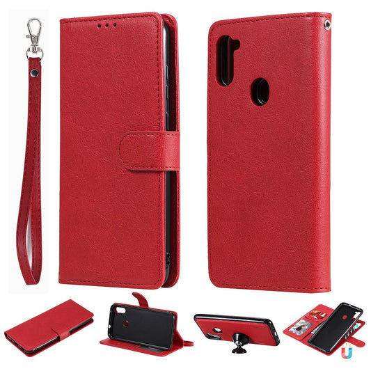 For Samsung Galaxy M11 Case 2 in 1 Detachable Magnetic Leather Wallet Mobile Cover with Strap - Red