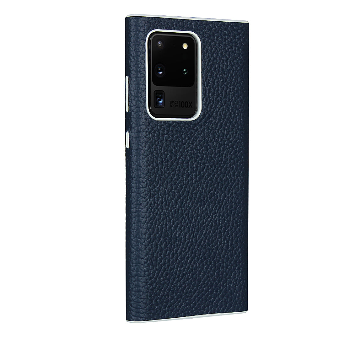 Litchi Skin Genuine Leather Coated TPU Phone Casing for Samsung Galaxy S20 Ultra - Blue