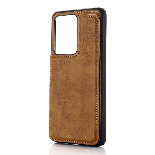 Leather Coated PC + TPU Combo Card Holder Shell with Kickstand for Samsung Galaxy S20 Ultra - Brown
