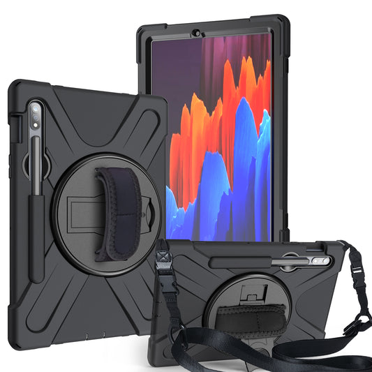 For Samsung Galaxy Tab S7 T870 T875 / S8 X700 / S9 X710 / S9 FE X510 360&#176; Swivel Kickstand PC + Silicone Tablet Case with Shoulder Strap - Black