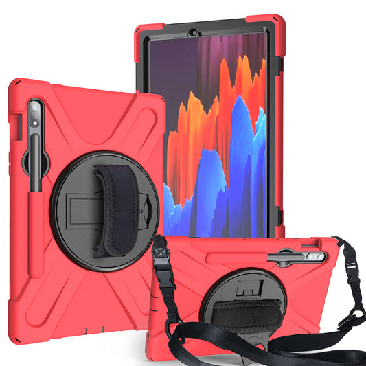 For Samsung Galaxy Tab S7 T870 / T875 / S8 360&#176; Swivel Kickstand Handy Strap PC + Silicone Combo Tablet Case with Shoulder Strap - Red