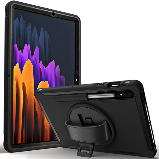 For Samsung Galaxy Tab S7 T870 T875 / S8 X700 / S9 X710 / S9 FE X510 360&#176; Swivel Kickstand PC + TPU Tablet Case with Hand Strap - Black