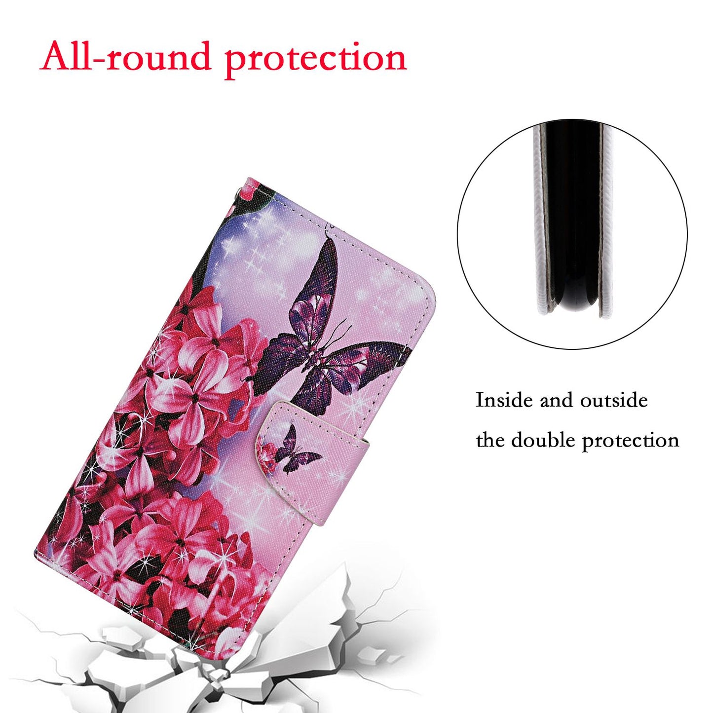 Leather Stand Phone Cover Wallet Pattern Printing Case for Samsung Galaxy S20 Plus/S20 Plus 5G  - Red Flower and Butterfly