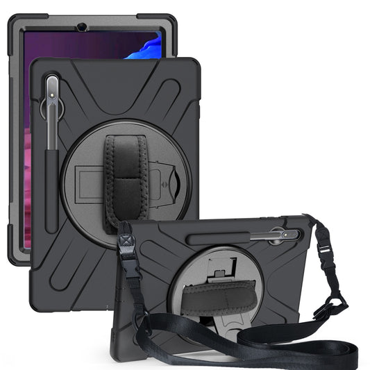 For Samsung Galaxy Tab S7+ / S8+ T970 / X800 / S7 FE T730 / S9+ X810 / S9 FE+ X610 Kickstand PC + Silicone Tablet Case with Shoulder Strap - Black