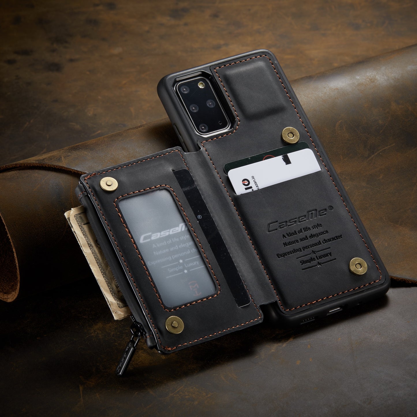 CASEME C20 Zipper Pocket Card Slots PU Leather Coated TPU Phone Cover for Samsung Galaxy S20 Plus - Black