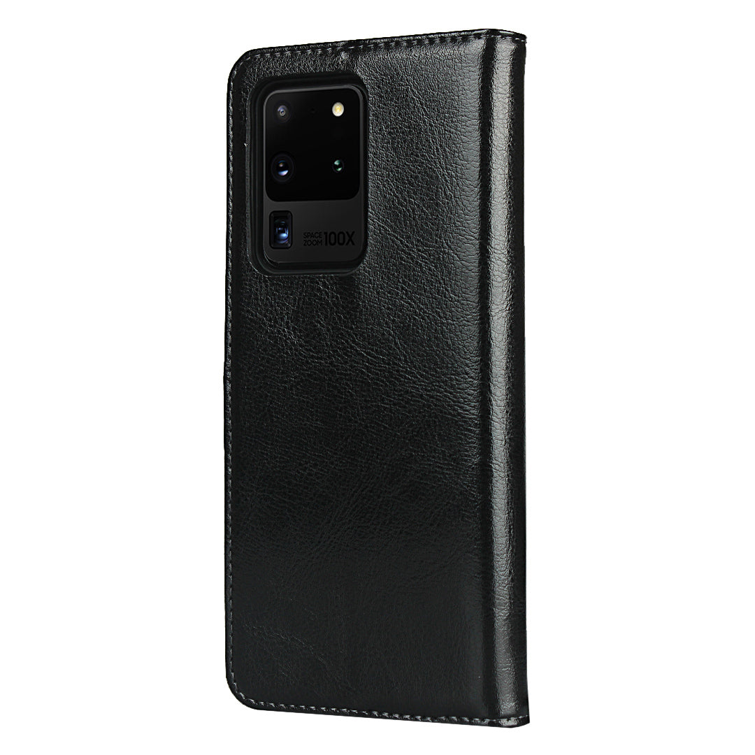 Crazy Horse Genuine Leather Wallet Case for Samsung Galaxy S20 Ultra - Black