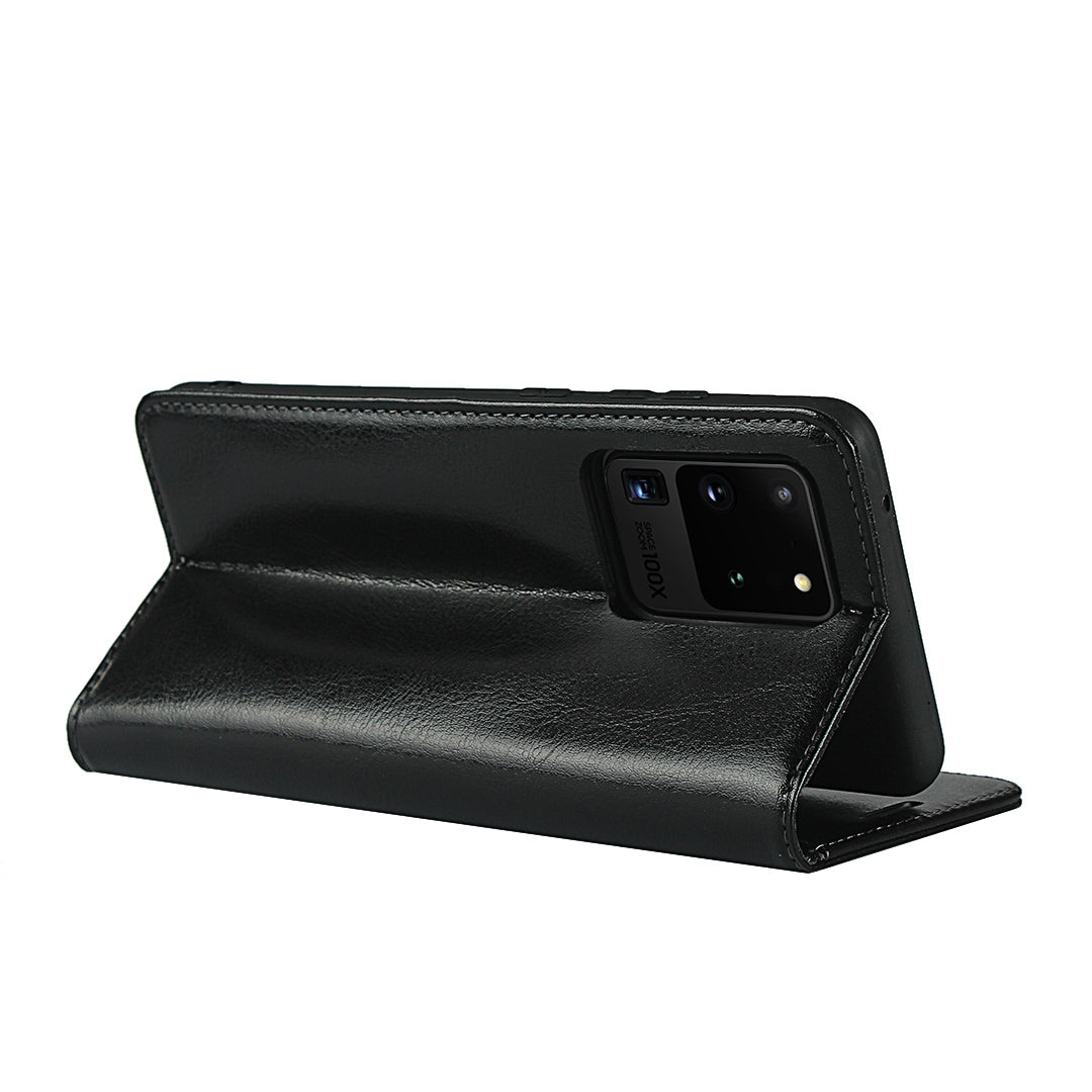 Crazy Horse Genuine Leather Wallet Case for Samsung Galaxy S20 Ultra - Black