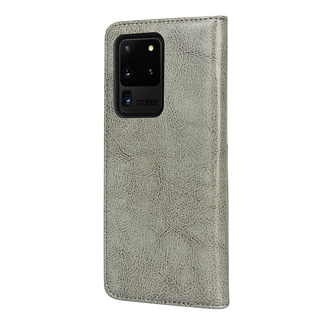 Crazy Horse Genuine Leather Wallet Case for Samsung Galaxy S20 Ultra - Grey